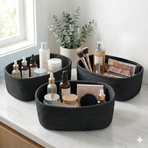 Image of Jute Basket For Storage Handcrafted Woven Basket For Home Decore, Multi Purpose Bag With Lids For Living Room Office And Kitchen Vegetable And Fruits (black 3 set)