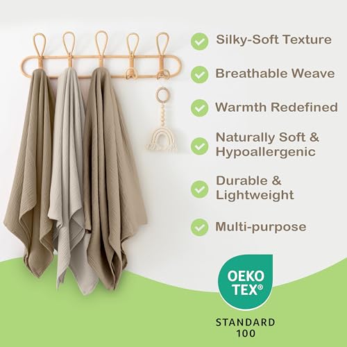 Image of Organic Muslin Baby Blanket 2-Pack Olive & Ivory, 47x47 Inch, 100% Organic Cotton Oeko-TEX Certified Hypoallergenic Swaddle Blanket for Newborn, Boho Nursery