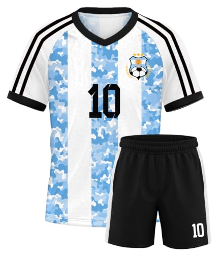 IIMMER Unisex Kids Soccer Jersey 2PC Set Boys Girls Youth Quick Dry Short Sleeve Football Training Kit Blue White Camo 6 Years