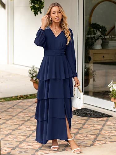 BerryGo Womens Flowy Maxi Dress Chiffon Long Sleeve Slit V Neck Casual Ruffle Tiered Boho Fall Wedding Guest Long Dress(Navy Blue,X-Large) — view 2
