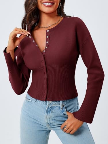 Image of Saodimallsu Womens Cropped Sweaters Cardigan | Button Down,Long Sleeve,V Neck,Ribbed Knit,Slim Fit ,Pullover Crop Tops