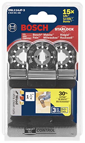 BOSCH Starlock Oscillating Tool Blades, Bi-Metal Multitool Blades for Hard Wood, Laminate and Drywall; Extra Clean Plunge Cut Saw Blades, 3-Pack, 1-1/4 Width (OSL114JF-3)