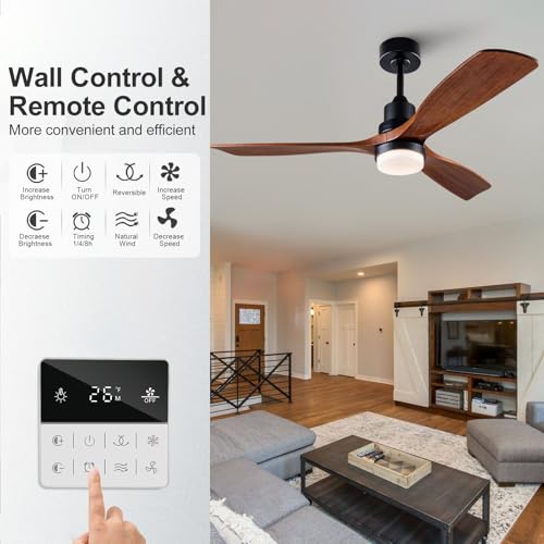 Image of 52 Inch Outdoor Ceiling Fans with Lights and Remote Control, Dimmable Outdoor Ceiling Fans for Patios 3 Blade Wood Black Walnut Bedroom Ceiling Fan with Light, Wall Switch