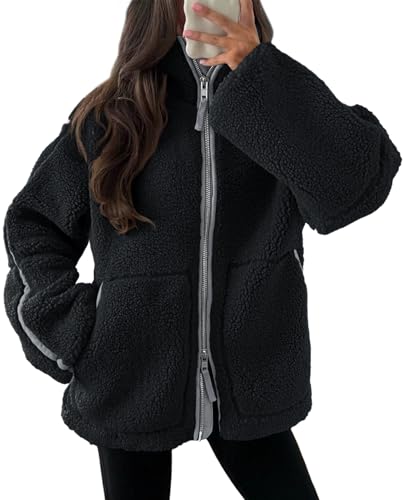 Tankaneo Womens Oversized Sherpa Fleece Jacket Zip Up Teddy Coat