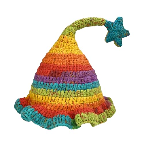 Hshsclth Crochet Elf Hats for Kids Adults Colorful Rainbow Striped Winter Beanie with Pompom or Star Cute Gnome Witch Hat (US Alpha One Size Small Kids Beanie with Star)
