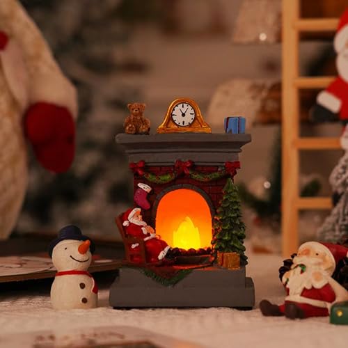 Image of Christmas Fireplace Lantern Luminous Santa Claus Night Light Christmas Resin Ornaments Decorative Lighting for Home Holiday Decor Battery Operated Unique Decoration