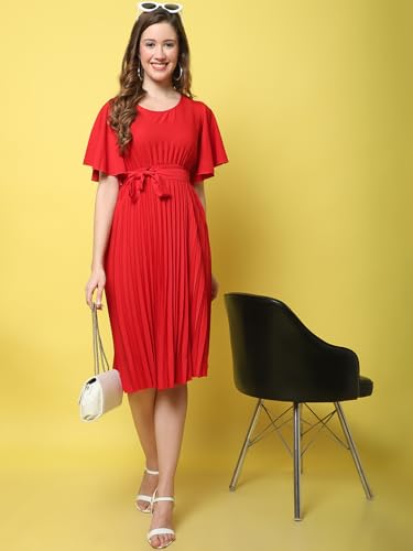 Image of Fabflee Women's Polyester A-Line Standard Length Dress (FB-P1-Pleated-205 XL Red