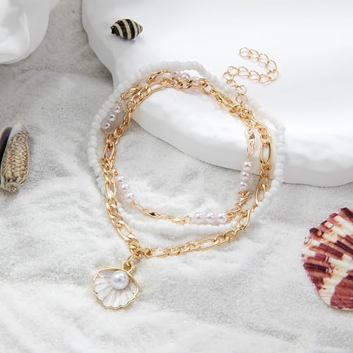 Image of Qceasiy Bead Ankle Bracelets Set For Women, Adjustable Gold Plated Boho Shell Anklet, Hawaiian Beach Seashell Pearl Disc Starfish Conch Foot Jewelry, Summer Fashion Gifts