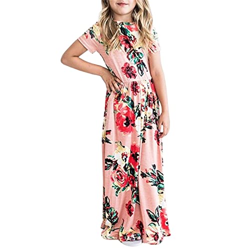Generic Girl's Short Sleeve Floral Print Dress Loose Casual Long Maxi Dress with Pockets 4 to 12 Years