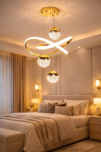 Image of Premium Three Loop Curved LED Stylish Gold Finish with 3 Different Color Mode (Warm White, Cool White, Neutral White) Chandelier with Height Adjustable Hanging for Bedroom, Living, Dining, Etc