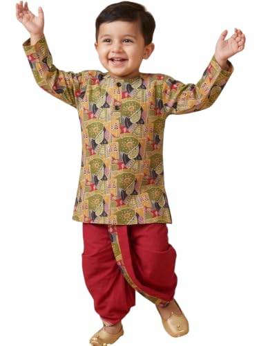 Image of AJ DEZINES Kids Cotton Printed Dhoti Kurta Set For Boys | Fashionable Bandhani Print Kurta | Stylish Boys Kurta Set | Perfect For Festivals Wedding & Family Function Wear
