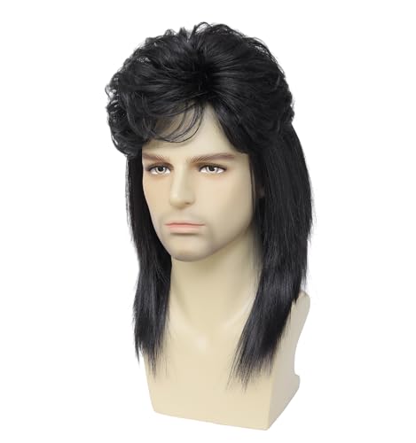 Image of Men's Black Mullet Wig 70s 80s Retro Costume Wig for Adult Men Halloween Fancy Dress Party Cosplay Hair Accessory (Black)