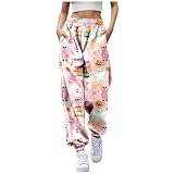 Pantalones casuales para mujer, diseño de dibujos animados, cómodos, holgados, de moda, Rosa., L
