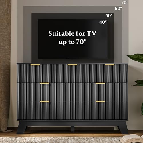 Image of HUANLEGO 48 inch W Fluted Dresser for Bedroom with 7 Drawers, Black | Mid Century Modern Dressers & Chest of Drawers, Boho Dresser for Closet, 7 Drawer Storage TV Stand for Bedroom