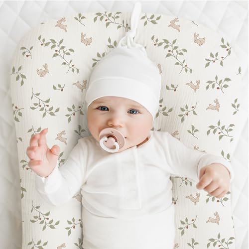 Image of Konssy Muslin Baby Lounger Cover 2 Pack, 100% Cotton Newborn Lounger Cover, Soft and Breathable Baby Nest Slipcover for Boys Girls (Rabbit,Fog Green)