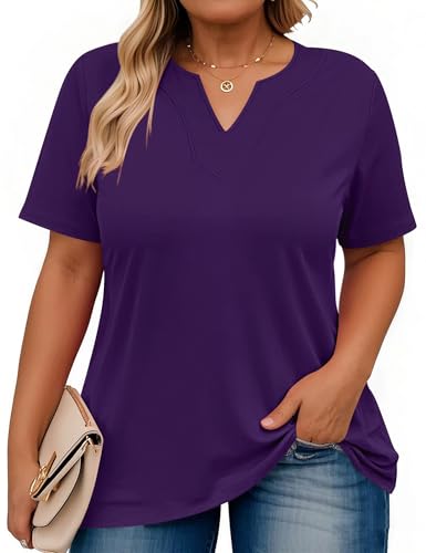 Rapbin Womens Plus Size T Shirts Summer Tops Short Sleeve V-Neck Overszied Tee Loose Fit Shirt Casual Tunic 2025 (3XL, Purple)