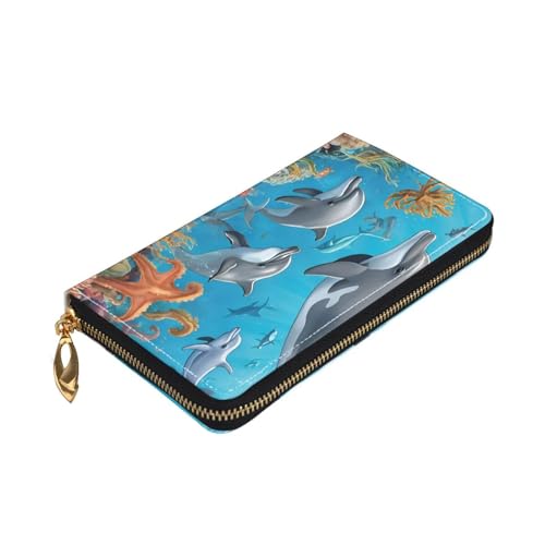 (Dolphins Sea Turtle Octopus Coral Reef) Faux Leather Wallet Long Clutch Zipper Purse Card Holder Travel Coins Cash Organizer Phone Pocket 7.48 x 4.13 x 0.9 inches3