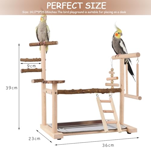 Honicemar Bird Play Stand, Wooden Parrot Stand Bird Playground with Climbing Ladder, Swing, Training Stand Pole, Feeder Cup - Image 2