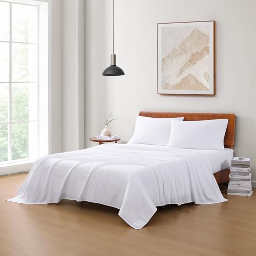 Image of Lane Linen 100% Organic Washed Cotton Sheet Set, White, Double, 4 Piece Set (1 Flat Sheet, 1 Fitted Sheet, 2 Pillowcase)
