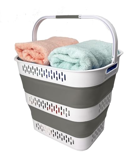 SAMMART 38L(10 Gal) Collapsible Laundry Basket - Foldable Pop-Up Storage Container/Organizer-Portable Space Saving Hamper, Measure 17.5x13.3x15.7/3.8" Expanded/Collapsed (1, White/Grey) - Image 6