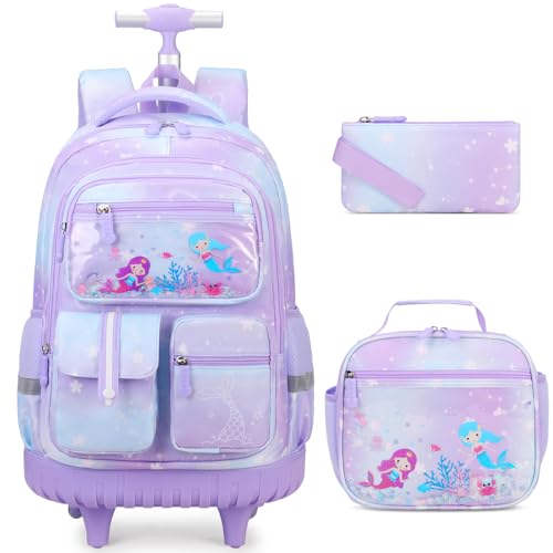 Kids School Rolling Backpack for Girls, Mermaid Bookbag with Lunch Box & Pencial Bag Set for Girl Kids Teens Elementary Middle School Student, Girls Laptop Travel Backpacks Daypack with Wheels