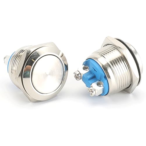 Powice Lot de 2 boutons poussoirs étanches - 16 mm - En acier inoxydable - 5 A/12 V/24 V/125 V/250 V - Convient pour les voitures, les systèmes d'allumage, les sonnettes de porte (tête plate)