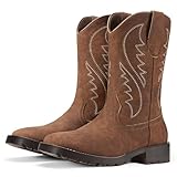 Rollda Cowboy Boots for Men Western Boots Men's Square Toe Chunky Heel Mid-Calf Boots Classic Embroidered Pull On Boots Brown Size 9.5