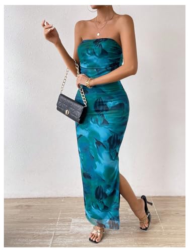 Image of GORGLITTER Women's Floral Strapless Bodycon Wedding Guest Dress Vacation Summer Birthday Tropical Maxi Long Sun Dresses