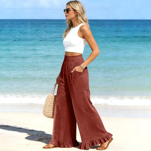 Image of Palazzo Pants for Women Linen Smocked Elastic Waist Ruffle Wide Leg Pants Summer Beach Flowy Boho Pant with Pockets