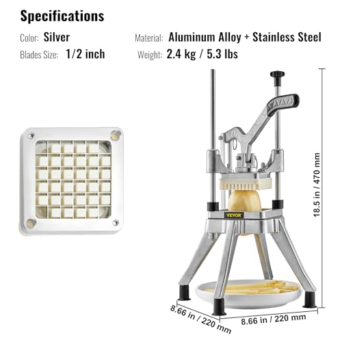 VEVOR Commercial Vegetable Fruit Chopper 1/2″ Blade Heavy Duty Professional Food Dicer Kattex French Fry Cutter Onion Slicer Stainless Steel for Tomato Peppers Potato Mushroom, Sliver