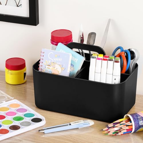 Image of Multiuse Caddy Organizer with Handle, Portable Divided Plastic Tote Bin - Art Craft, Stationary Pen Marker Crayons, Makeup Hair Supplies Storage - Bathroom, Classroom, Dorm, Office, Desk Holder -Black