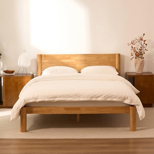 FLEXISPOT Japanese Joinery Bed Frame, Solid Rubberwood Queen Platform Bed with Storage Headboard, FSC&SGS Certified, 1200lb Capacity, Japandi Minimalist Style, No Tools Assembly, 10-Year Warranty