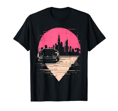 Vaporwave 80s Car Aesthetic Night Skyline Retrowave Maglietta
