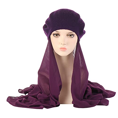 Women Muslim Hijab Cover Long Scarf with Beret Hat Instant Hijab Wrap Scarves Head Scarf2