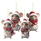 Christmas Mouse Decor - 4-Piece 2D Acrylic Decorations, Cute Mouse Holiday Ornaments, Christmas Tree Hanging Decor for Wall Door Window Outdoor Patio Yard Living Room Bedroom Party