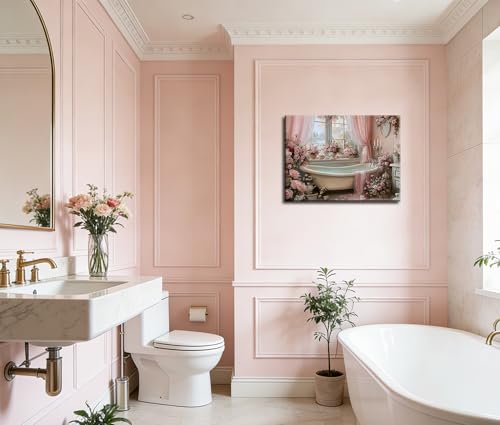 Image of Frimeeme Vintage Pink Bathroom Canvas Wall Art,12x16 Inches