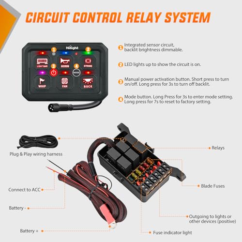 Image of Nilight 6 Gang Switch Panel Green 12V 60A Circuit Control System 4-Mode | Fuse Wiring Harness Automatic Dimmable LED Pod Toggle /Momentary /Strobe /Flash Modes for Car Pickup Truck Camper SUV