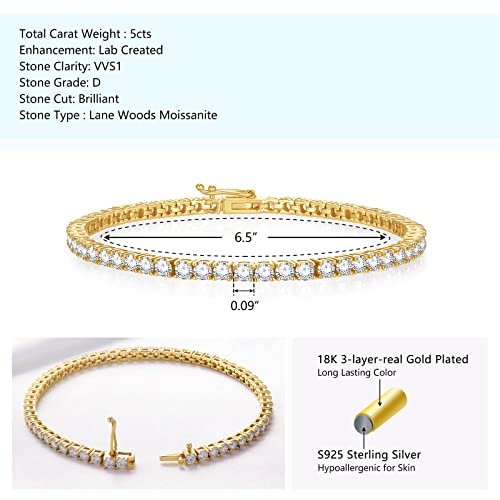 Sterling Silver Diamond Moissanite Gold Tennis Bracelet: 6.5'' Gra Certificate18K Real Gold Plated Women Bracelet 5Cts Df Color Vvs1 Moissanite(Alternative To Diamond)6.5 Inch Bracelet Birthday Valentine's Day Christmas Gift #TOP6