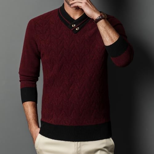 100% Wool Men's V-Neck Warm Sweater Jacquard Casual Plain Knit Sweater2