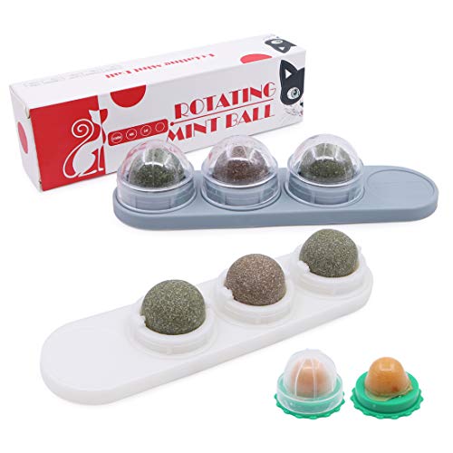 Boerni Paquete de 2 bolas de pared para gatos 4 en 1 natural de la hierba gatera pegada en la pared giratoria lamiendo golosinas juguete con caramelo de gato (blanco y gris) Cover