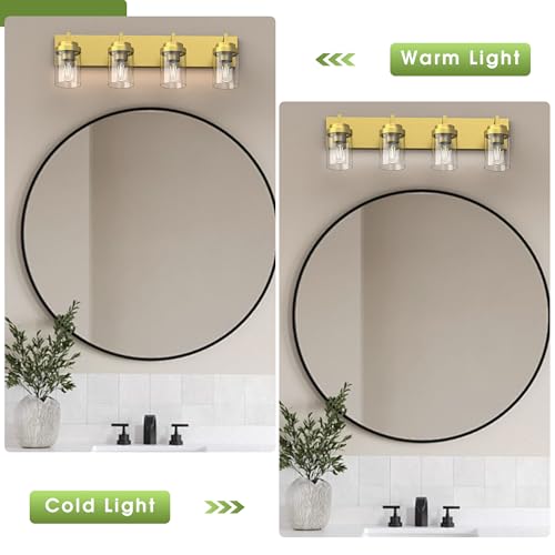 Image of Bathroom Lighting Fixtures, 4-Light Bathroom Vanity Lights Over Mirror, Brass Vanity Light with Glass Shade, Modern Vanity Lighting Fixtures for Bedroom, Hallway