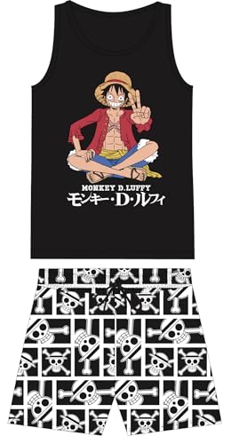 E plus M Naruto und One Piece - Conjunto coordinado para niño, camiseta y pantalón sin mangas, color gris y negro, traje de ocio para niños, 100% algodón, ligero, tallas 140-164, Negro , 140