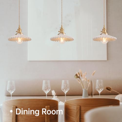 Image of Shenmoyl Pendant Light with White Pleated Ceramic Lmapshade, Brass Vintage Pendant Light Adjustable Hanging Light for Kitchen Island Dining Room Hallway