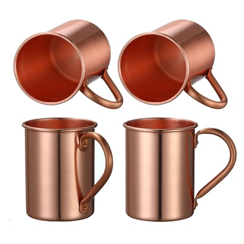 Cocktail Geek Pure Copper Moscow Mule Mugs, Set of 4, Handmade, Straight Smooth Finish, Riveted Handle