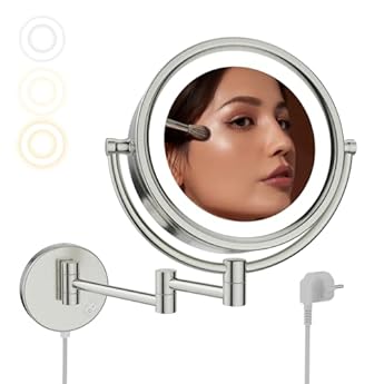 Foto di Nicesail Specchio Ingranditore 10x con Luce da Parete - 3 Colori di Luce - Specchio Bifacciale - Braccio Flessibile - Specchio da Bagno Allungabile Rotondo Nichel Spazzolato,Diametro 20 cm