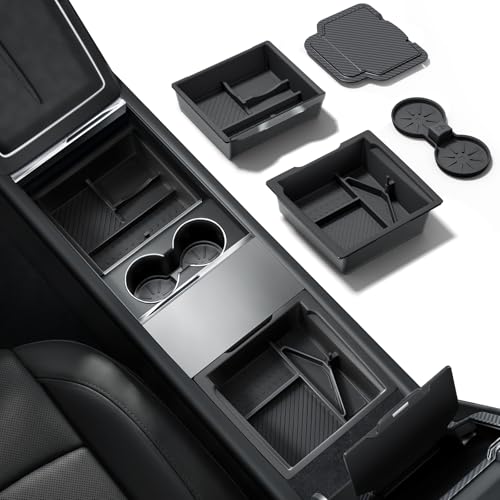 REEVAA 4-in-1 Center Console Organizer Set for Tesla Model Y Juniper & Model 3 Highland 2024/2025/2026 [Maximize Space Zero Interference] Storage Trays with Odorless Pure Silicone Liners Black