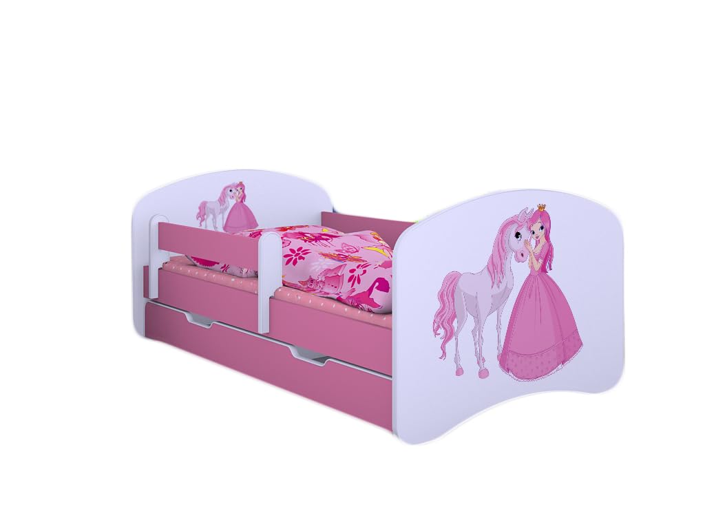 Happy Babies Happy - Lit pour enfant, avec protection anti-chute et tiroir de lit, pour fille, 160 x 80 cm, avec matelas de 80 x 160 cm, blanc et rose