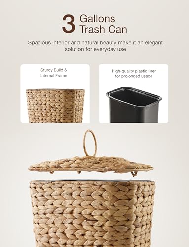 Image of Tidita 3 GALLONS Wicker Waste Basket - Wicker Trash Can with Lid - Water Hyacinth Bathroom Garbage Can with a Lid - Bathroom Trash Can Boho Style - Removable Liner, Iron Frame (Natural, 3 Gallons)