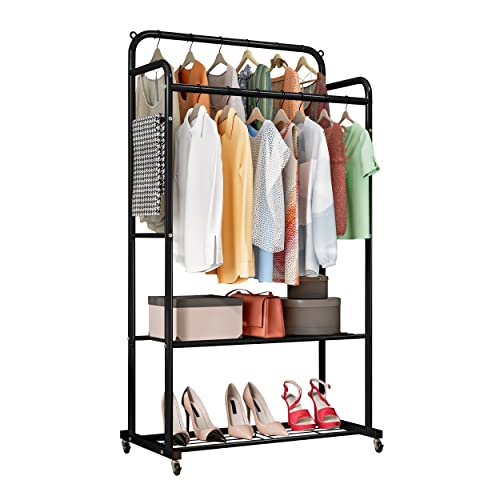 Taotigzu Perchero Móvil con Ruedas,Perchero bipolar independiente multifuncional,Perchero Burro Industrial con Estante de Almecenamiento,Capacidad de Carga de 110 LBS,dormitorio, Negro Cover