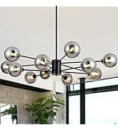 Yasince Modern Large Glass Globe Chandeliers with Glass Shade, 12-Light Black Sputnik Pendant Lig...